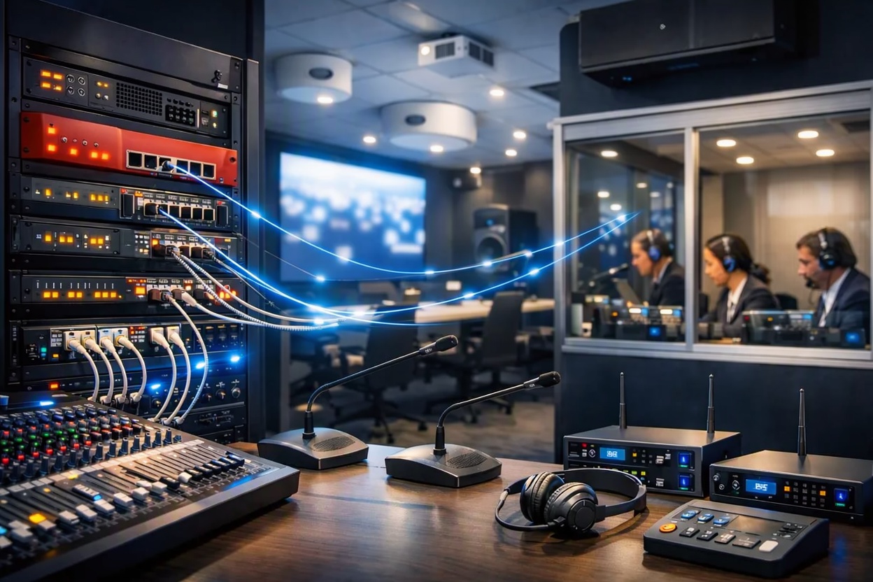 Microphones, DSP, mixers, speakers, interpretation booths and receivers.