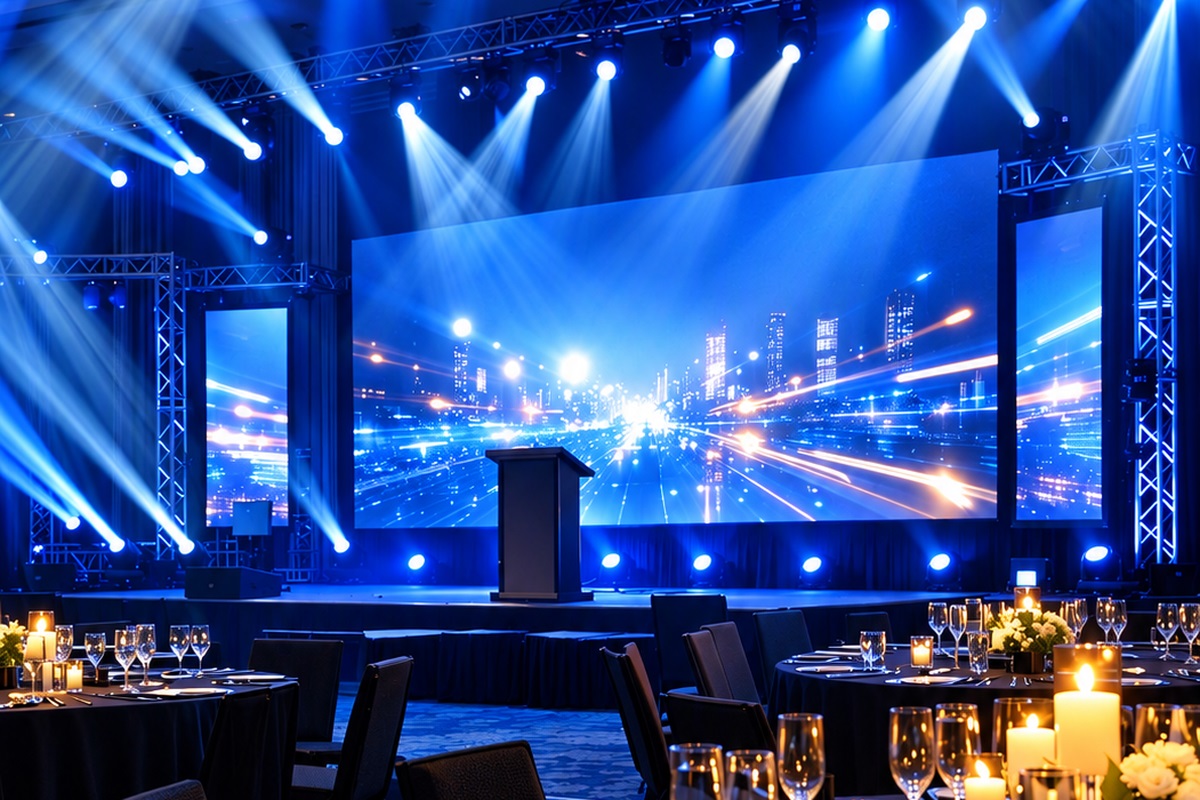 Lighting, staging and power - Stage lighting, gobos, truss, lecterns, generators and power distribution.